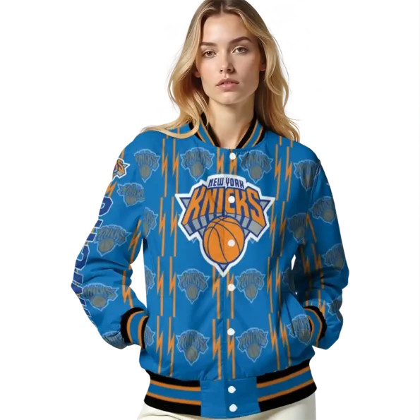 customized new york knicks bolt stripe blue varsity jacket latest model.webp