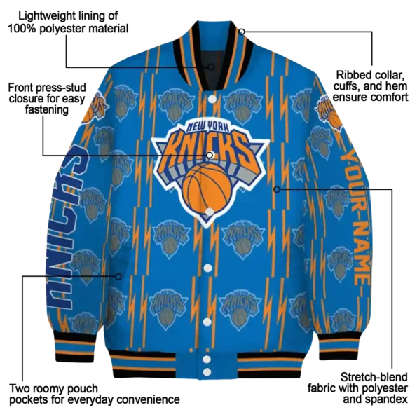 customized new york knicks bolt stripe blue varsity jacket new arrival.webp