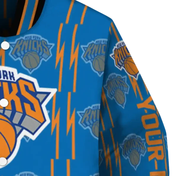 customized new york knicks bolt stripe blue varsity jacket premium grade.webp