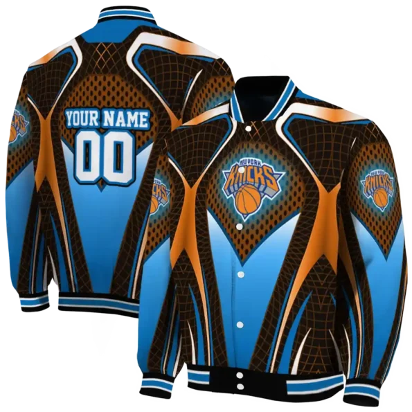 customized new york knicks mesh chest black varsity jacket fashion forward.webp