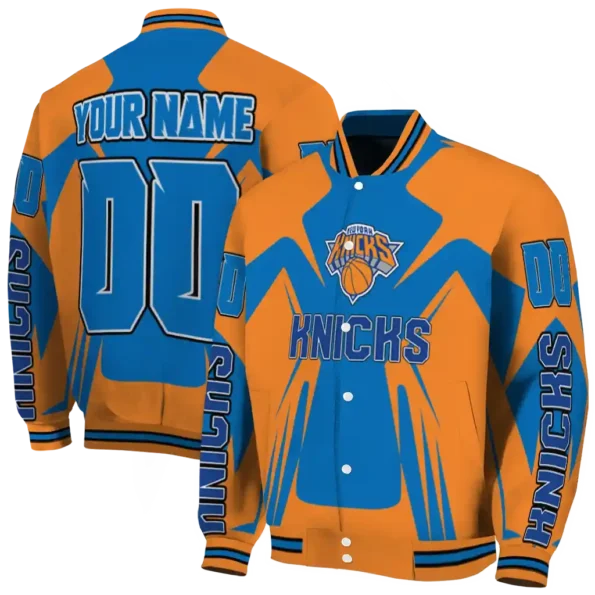 customized new york knicks spider mark blue varsity jacket fashion forward.webp