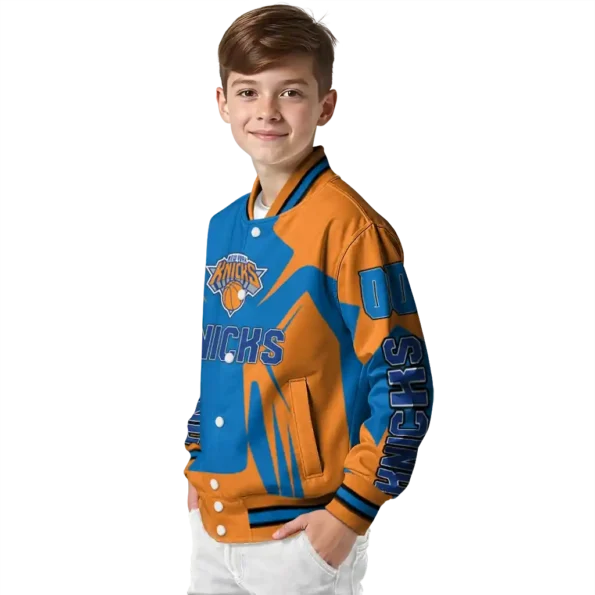 customized new york knicks spider mark blue varsity jacket trendy.webp