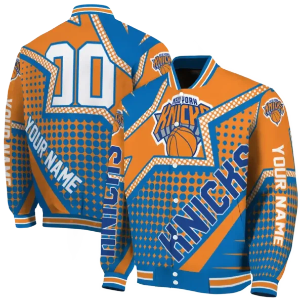 customized new york knicks star burst blue varsity jacket fashion forward.webp