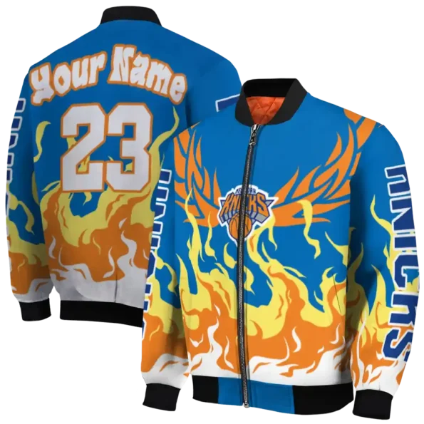 customized new york knicks winged blaze blue white bomber jacket fashion forward