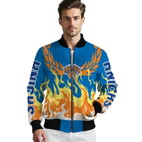 customized new york knicks winged blaze blue white bomber jacket high quality