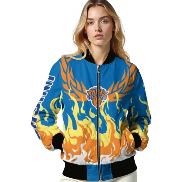 customized new york knicks winged blaze blue white bomber jacket latest model