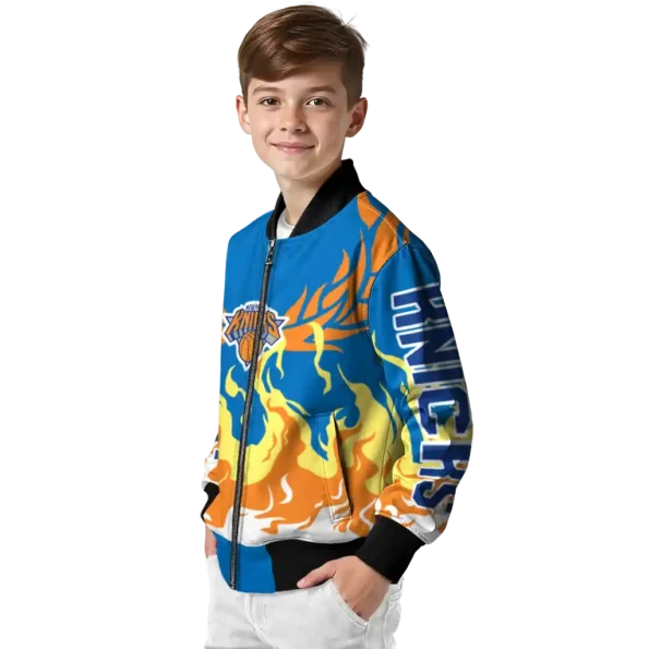 customized new york knicks winged blaze blue white bomber jacket trendy