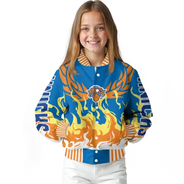 customized new york knicks winged blaze blue white varsity jacket top rated.webp