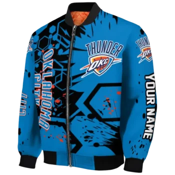 customized oklahoma city thunder hexagon cluster blue black bomber jacket best selling