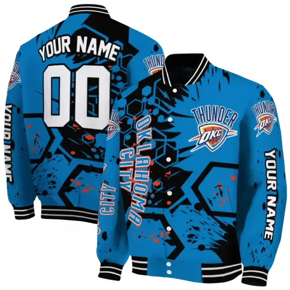 customized oklahoma city thunder hexagon cluster blue black varsity jacket fashion forward.webp