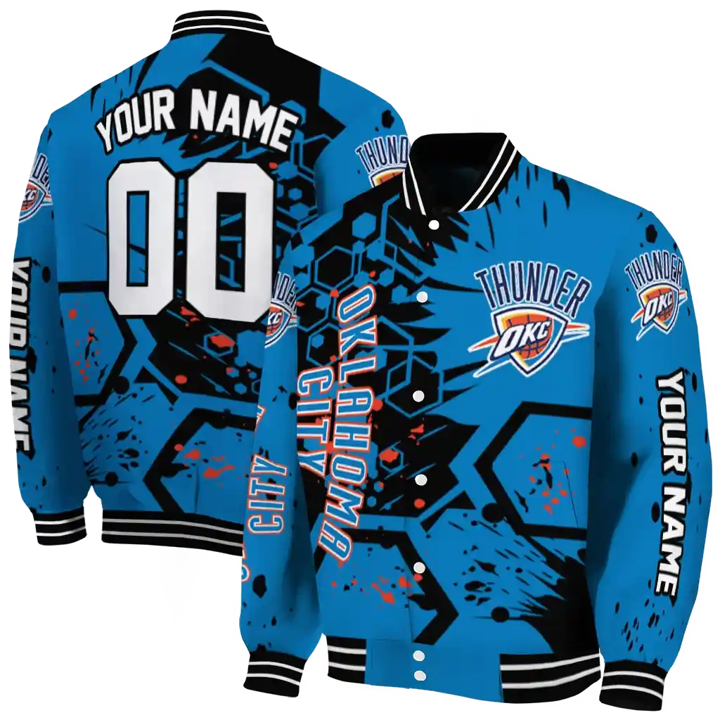customized oklahoma city thunder hexagon cluster blue black varsity jacket fashion forward.webp customized oklahoma city thunder hexagon cluster blue black varsity jacket fashion forward.webp