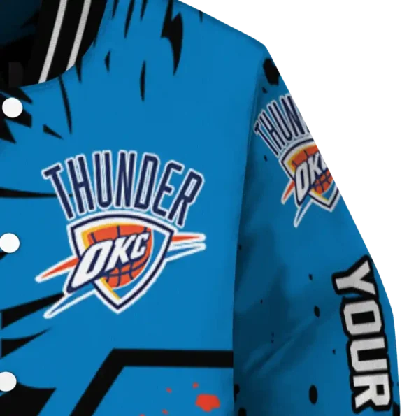 customized oklahoma city thunder hexagon cluster blue black varsity jacket premium grade.webp