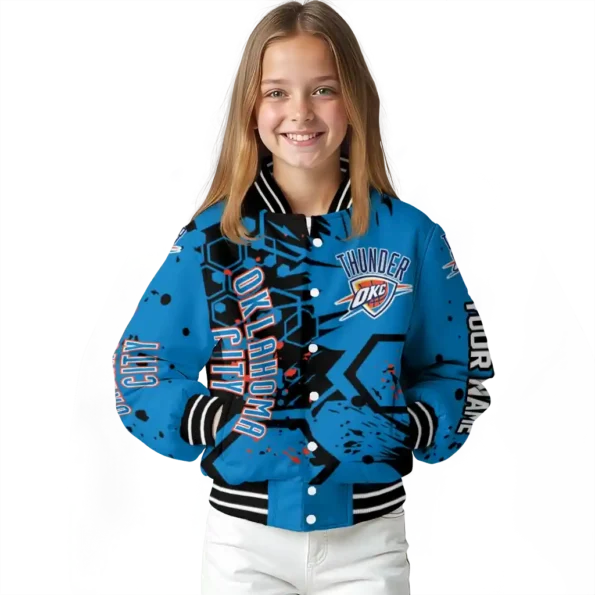 customized oklahoma city thunder hexagon cluster blue black varsity jacket top rated.webp