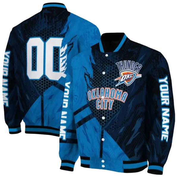 customized oklahoma city thunder hexagon mesh blue black varsity jacket fashion forward.webp