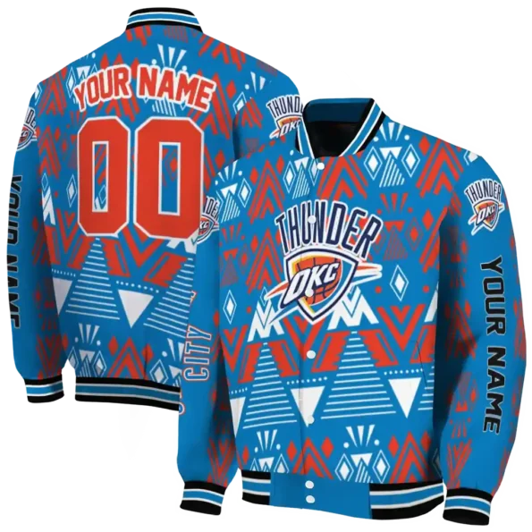 customized oklahoma city thunder pyramid shapes blue varsity jacket fashion forward.webp
