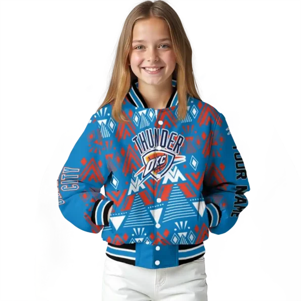 customized oklahoma city thunder pyramid shapes blue varsity jacket top rated.webp