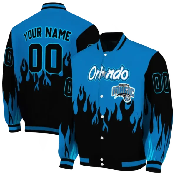 customized orlando magic flame border blue black varsity jacket fashion forward.webp