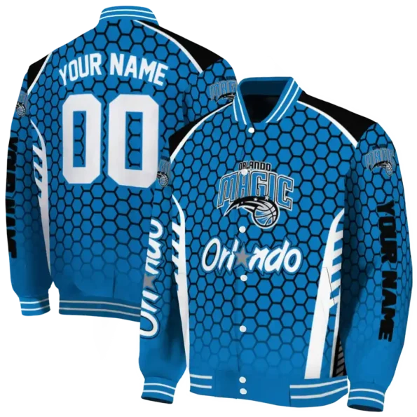 customized orlando magic hexagon grid blue varsity jacket fashion forward.webp