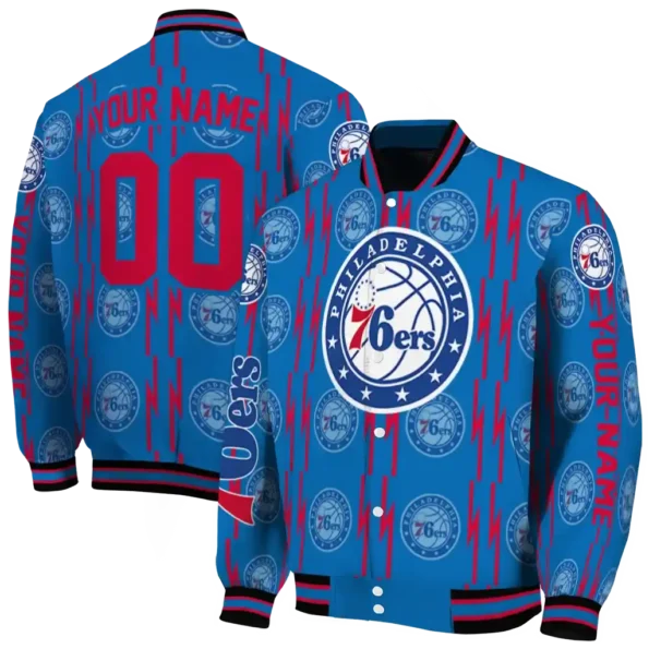 customized philadelphia 76ers bolt stripe blue varsity jacket fashion forward.webp