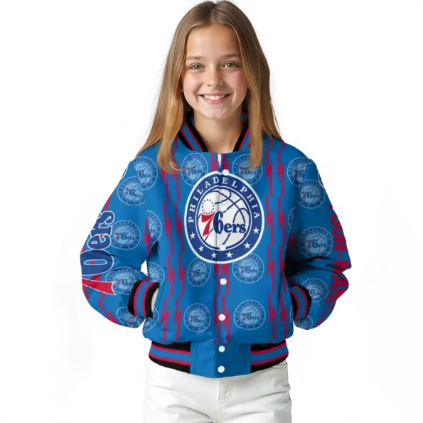 customized philadelphia 76ers bolt stripe blue varsity jacket top rated.webp