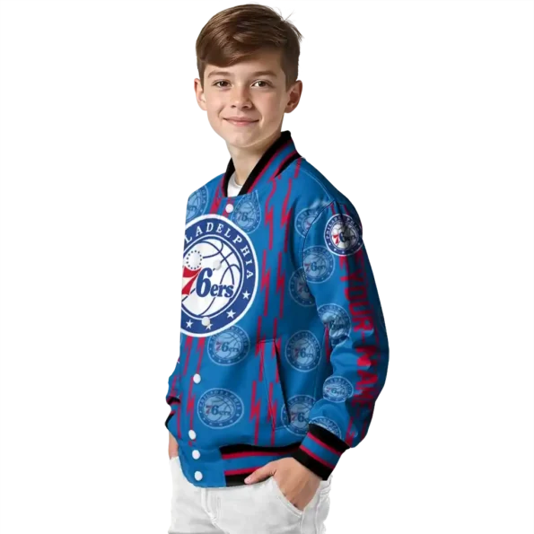 customized philadelphia 76ers bolt stripe blue varsity jacket trendy.webp