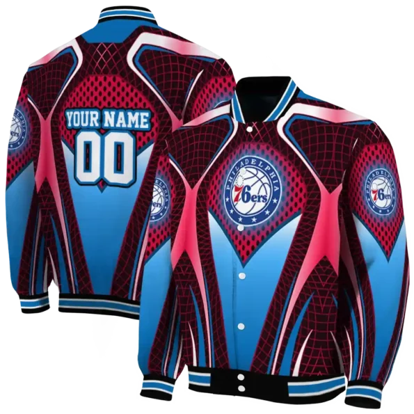customized philadelphia 76ers mesh chest black varsity jacket fashion forward.webp
