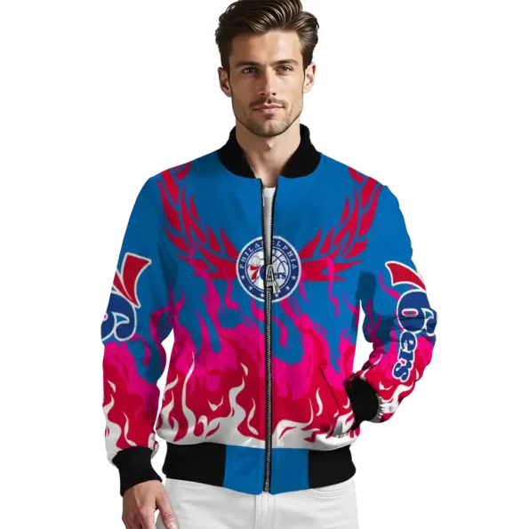 customized philadelphia 76ers winged blaze blue white bomber jacket high quality