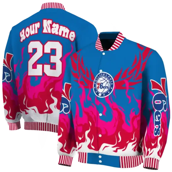 customized philadelphia 76ers winged blaze blue white varsity jacket fashion forward.webp