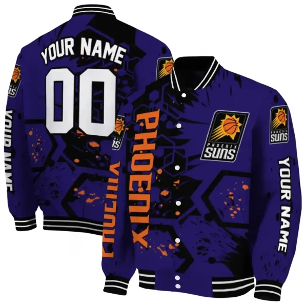 customized phoenix suns hexagon cluster purple black varsity jacket fashion forward.webp