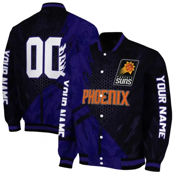 customized phoenix suns hexagon mesh purple black varsity jacket fashion forward.webp