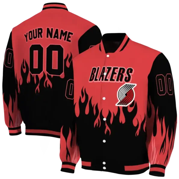 customized portland trail blazers flame border red black varsity jacket fashion forward.webp
