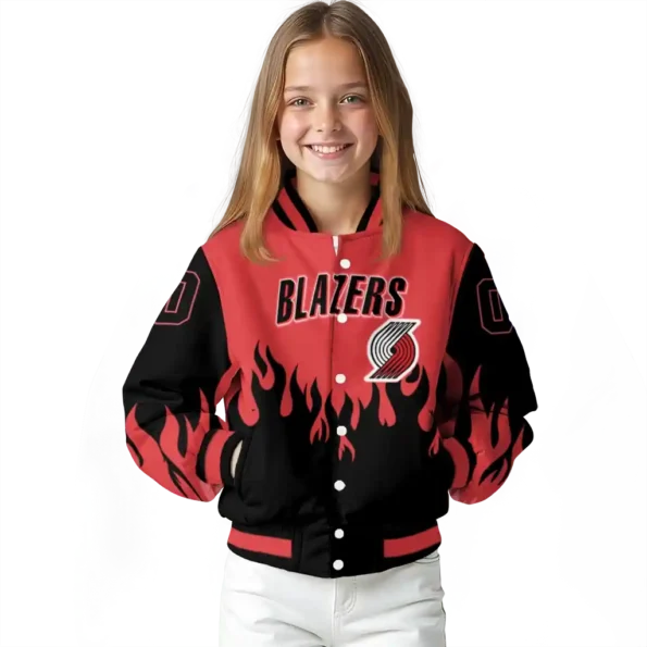 customized portland trail blazers flame border red black varsity jacket top rated.webp