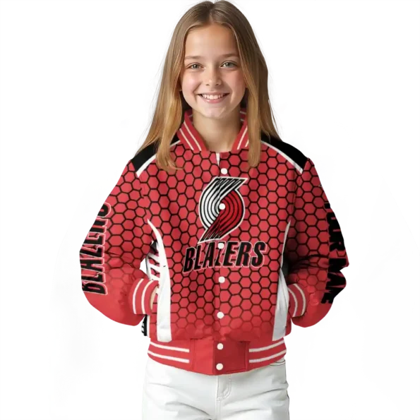 customized portland trail blazers hexagon grid red varsity jacket top rated.webp