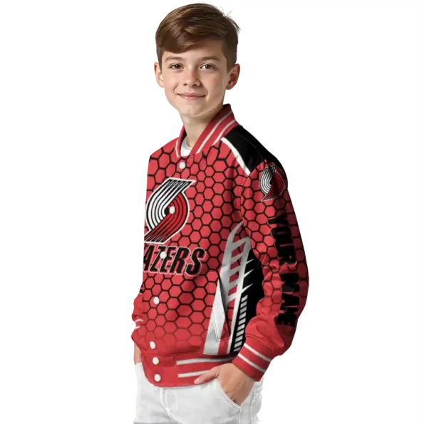 customized portland trail blazers hexagon grid red varsity jacket trendy.webp