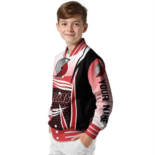 customized portland trail blazers mesh effect red black varsity jacket trendy.webp