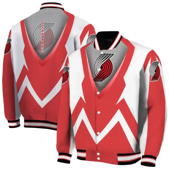 customized portland trail blazers v stripes red white varsity jacket fashion forward.webp