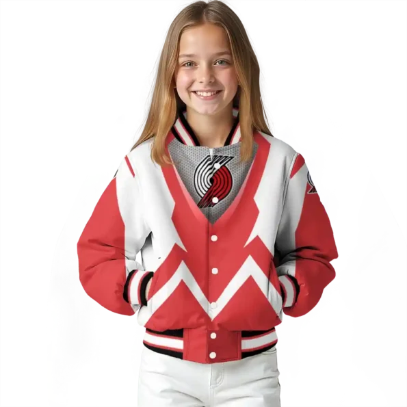 customized portland trail blazers v stripes red white varsity jacket top rated.webp