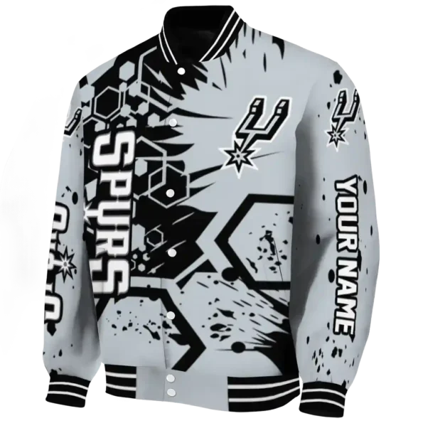 customized san antonio spurs hexagon cluster silver black varsity jacket best selling.webp