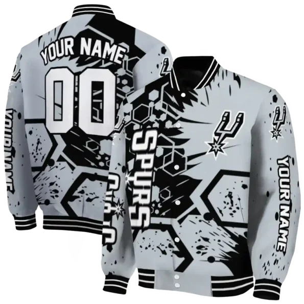 customized san antonio spurs hexagon cluster silver black varsity jacket fashion forward.webp