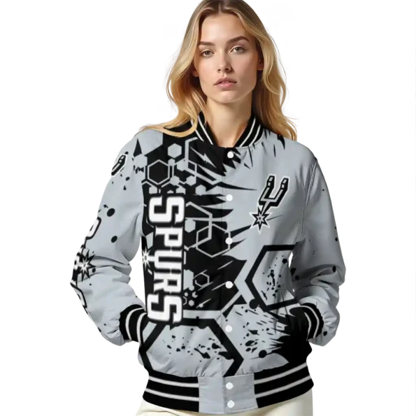 customized san antonio spurs hexagon cluster silver black varsity jacket latest model.webp