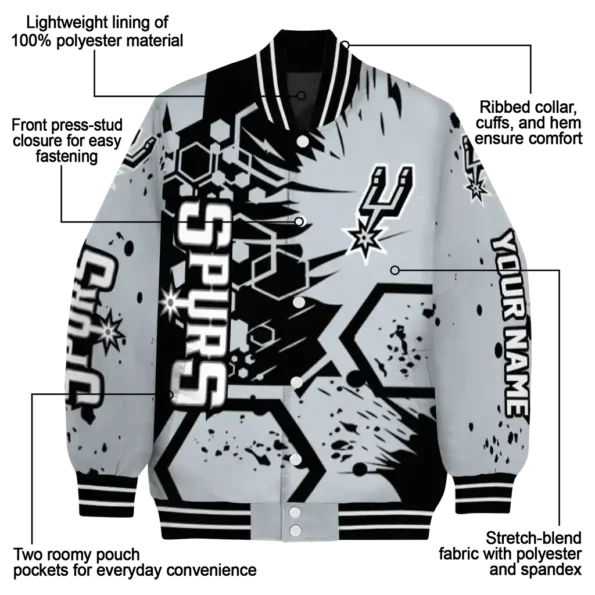 customized san antonio spurs hexagon cluster silver black varsity jacket new arrival.webp