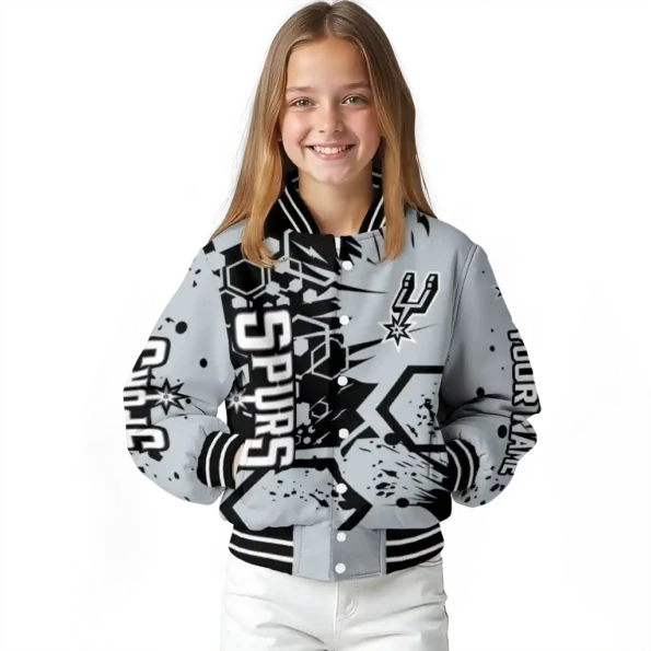 customized san antonio spurs hexagon cluster silver black varsity jacket top rated.webp