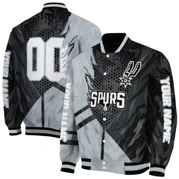 customized san antonio spurs hexagon mesh silver black varsity jacket fashion forward.webp