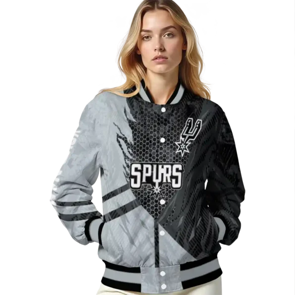 customized san antonio spurs hexagon mesh silver black varsity jacket latest model.webp