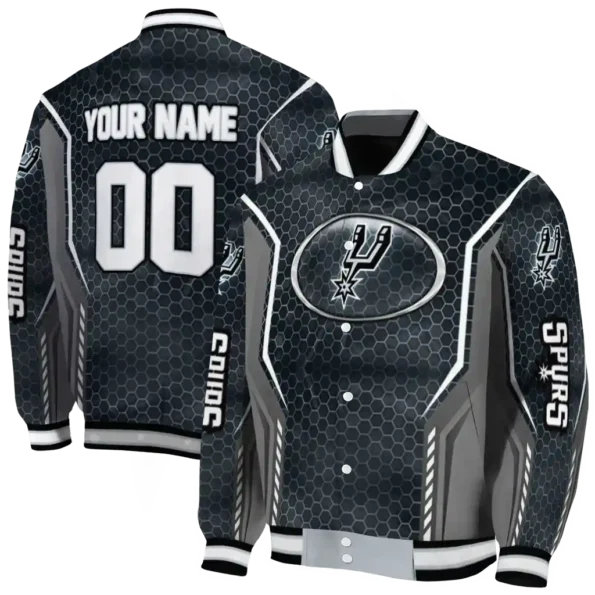 customized san antonio spurs power plate silver varsity jacket fashion forward.webp
