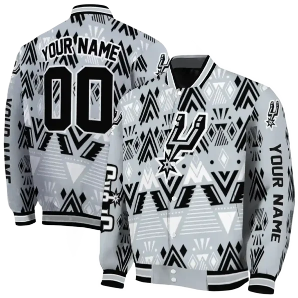 customized san antonio spurs pyramid shapes silver varsity jacket fashion forward.webp