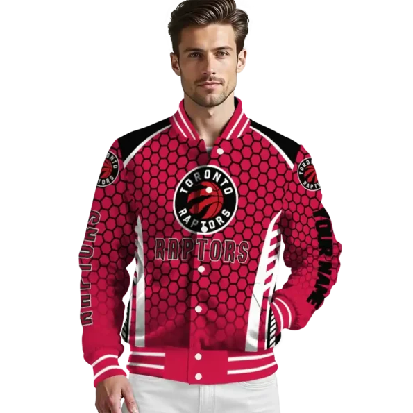 customized toronto raptors hexagon grid red varsity jacket high quality.webp