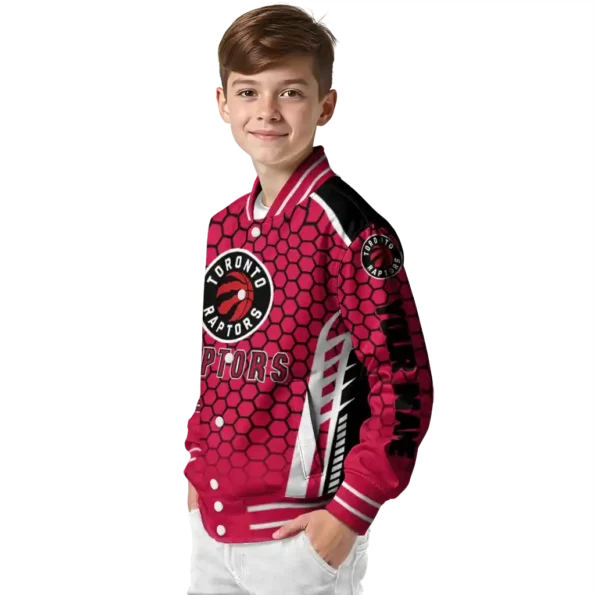 customized toronto raptors hexagon grid red varsity jacket trendy.webp