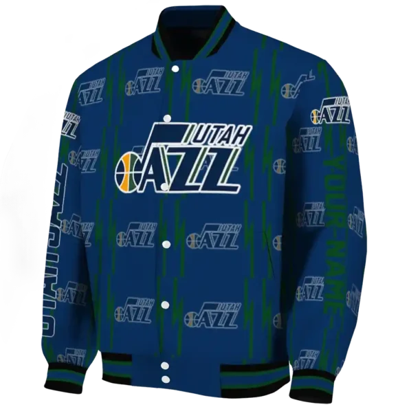 customized utah jazz bolt stripe navy varsity jacket best selling.webp