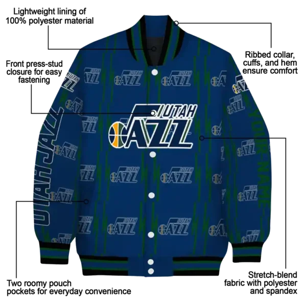 customized utah jazz bolt stripe navy varsity jacket new arrival.webp
